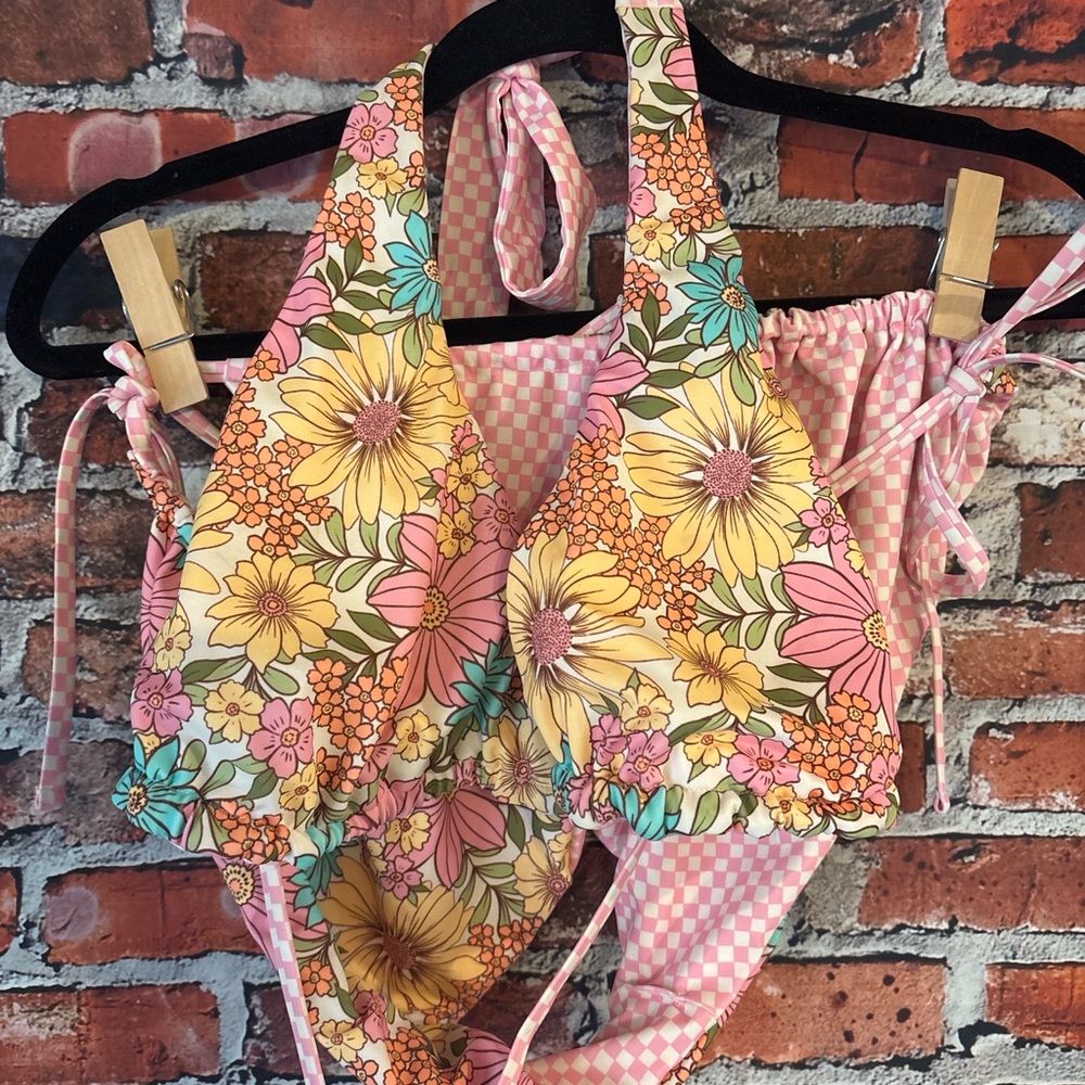 Floral and Checkered Bikini Set